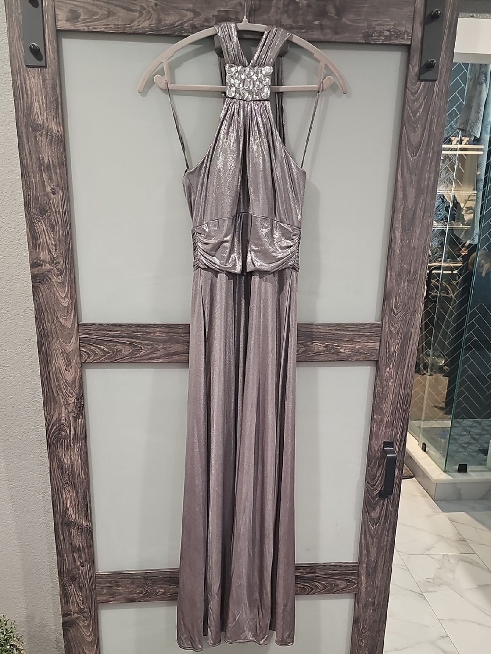 White House Black Market Metallic Silver Halter Evening Gown